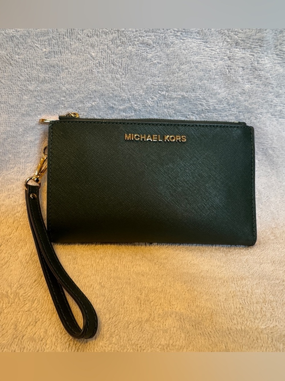 Michael Kors Dark Green Saffiano Leather Wristlet with Gold Hardware